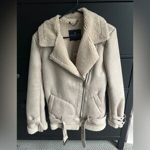 AE Faux Suede Sherpa Lined Beige Motor Jacket